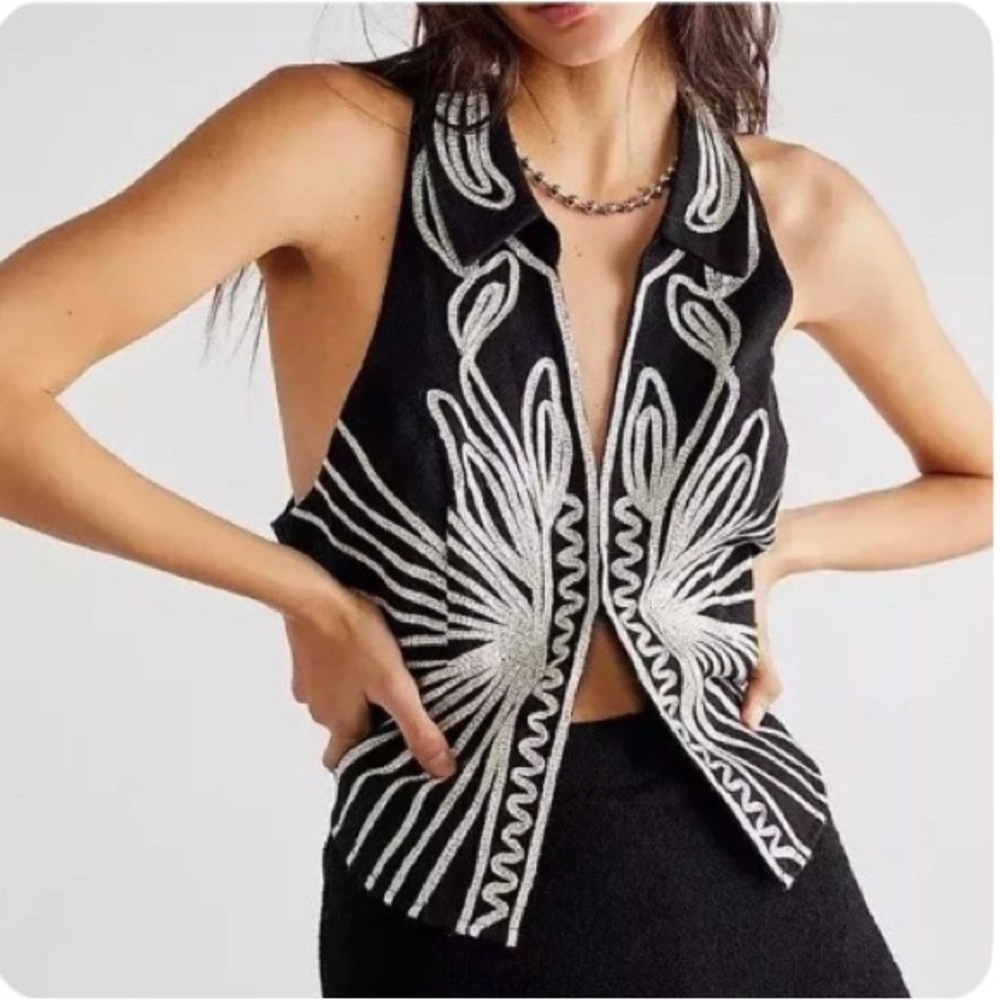 Free People NWOT Head West silver metallic embroidered vest - small
